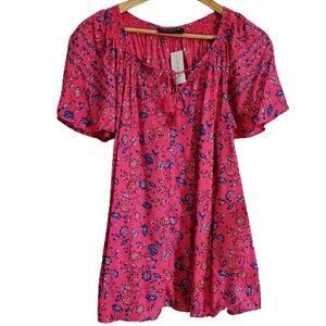 Lane Bryant Pink FLoral V Neck Tassel Tie Tunic Top 14/16 NWT
